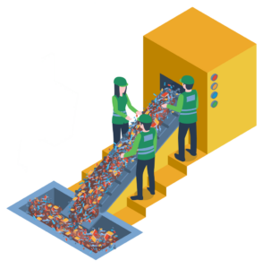 Materials are unloaded from trucks onto conveyor belts